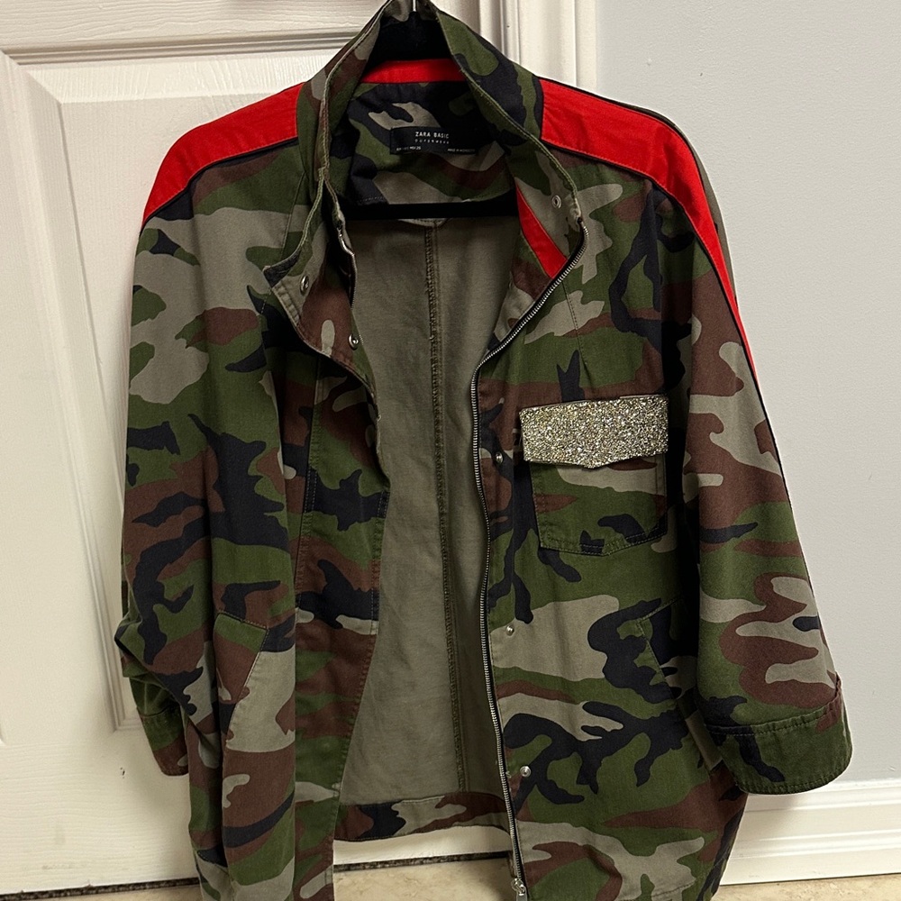 Zara Green Camo Jacket with Red Shoulder Panels